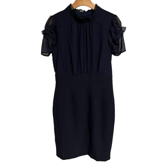 Vince Camuto Mini Dress Womens Size 8 Navy Blue Short Sleeve Mock Neck Ruffle - Picture 1 of 10
